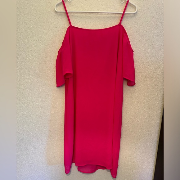 Fuchsia Off the Shoulder Dress with Spaghetti Strap and Sheer Layer - Picture 8 of 8